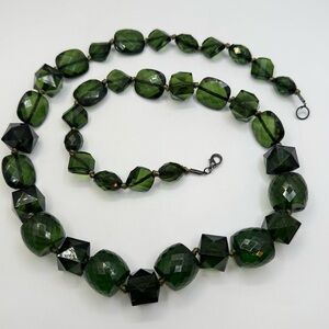 Green Faceted Lucite Bead Statement Long Necklace Hand-Knotted